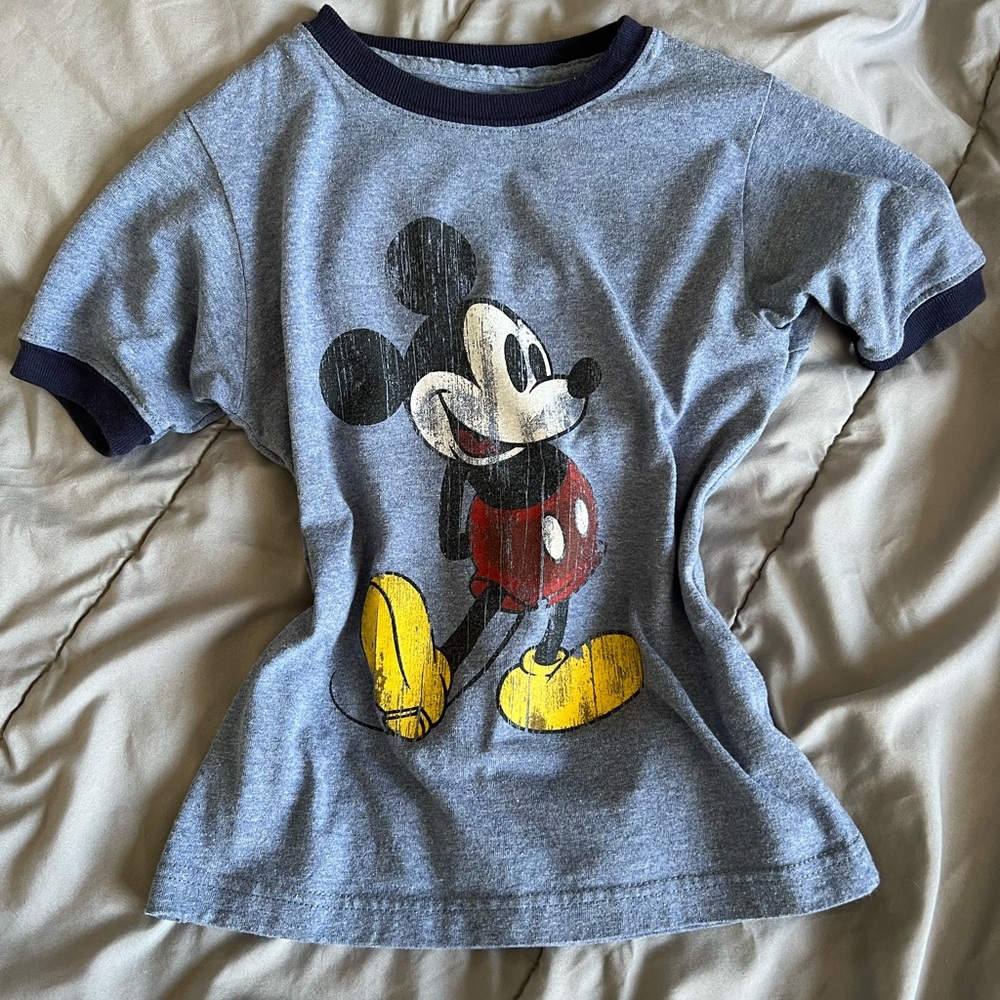 Disney Gray Tee with Mickey Mouse Graphic and Navy Trim